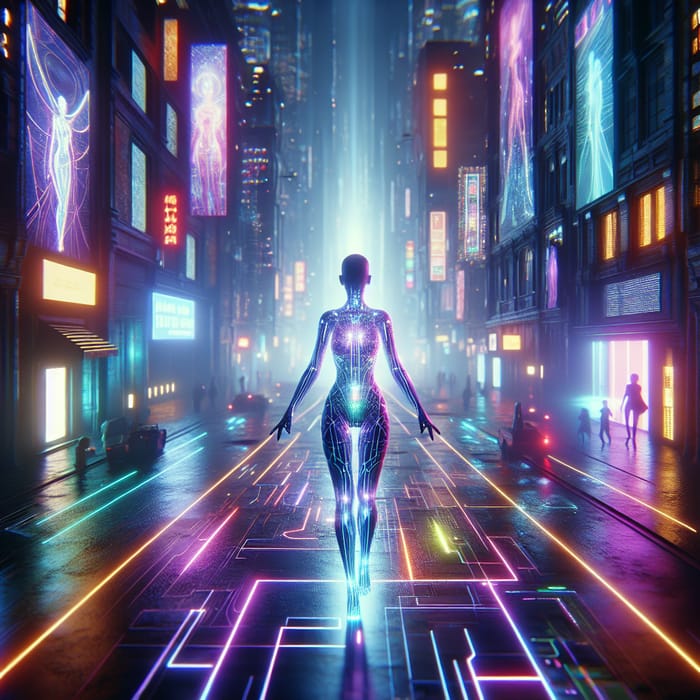 Futuristic Neon-Lit Metaverse Cityscape with Cybernetic Female Figure