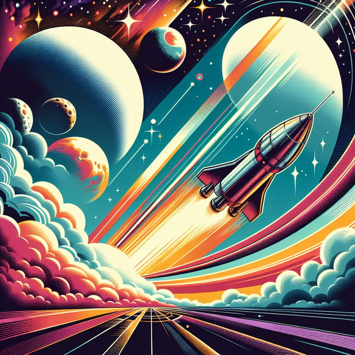 Dynamic Rocket Launch Poster with Vibrant Colors and Sci-Fi Vibes