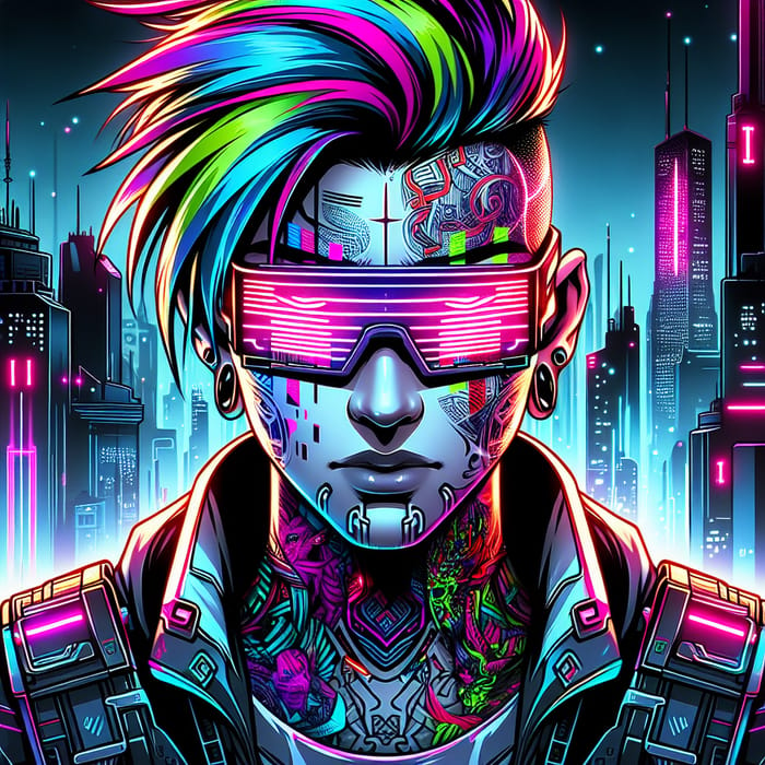 Futuristic Cyberpunk Anime Character with Neon Tattoos and Augmented Reality Eyewear