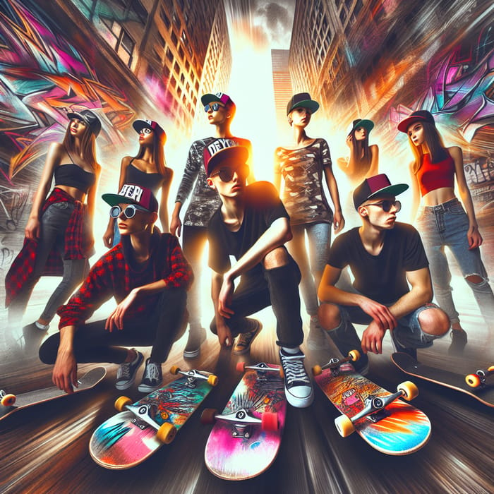 Vibrant Urban Streetwear & Skateboard Style With Dynamic Poses