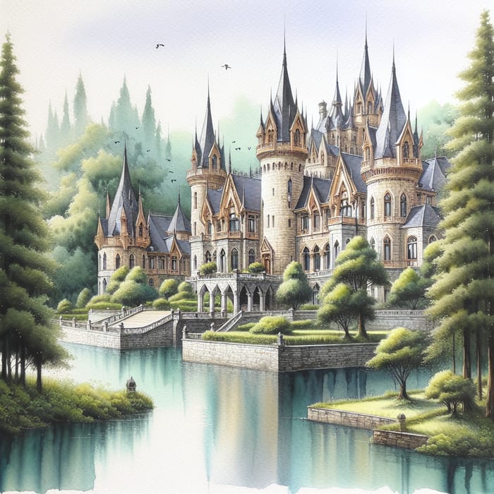 Majestic Castle Watercolor - Tranquil Day Scene