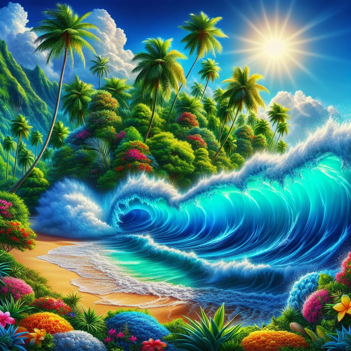 Tropical Island: Vibrant Waves, Sandy Shores & Lush Greenery