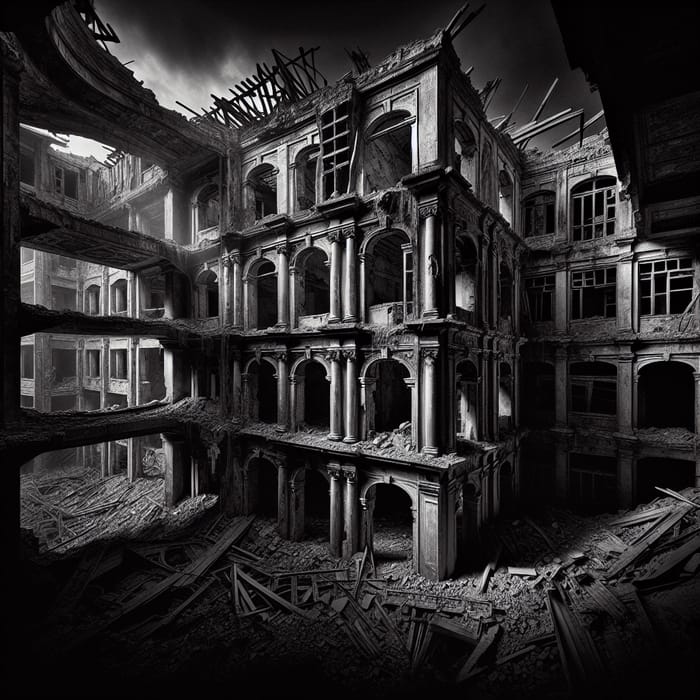 Dramatic Urban Decay: Crumbling Building Black White Photography