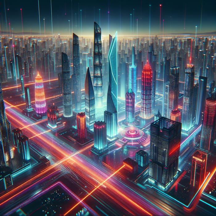 Futuristic Neon Cityscape with Iconic Landmarks and Cyberpunk Vibe