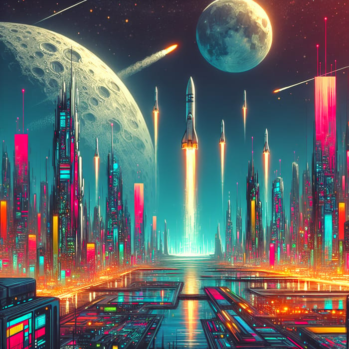 Vibrant Moon Metropolis | Futuristic Rocket Launch Art