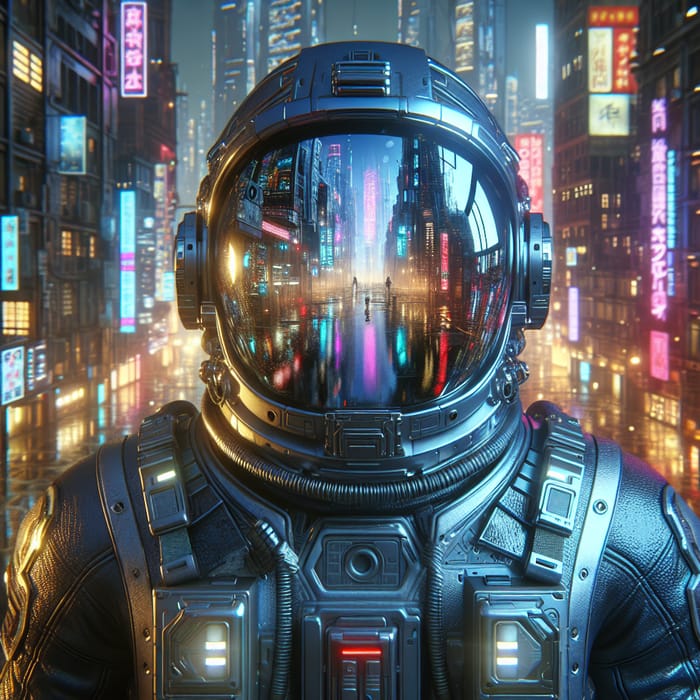 Cyberpunk Astronaut Selfie in Neon Cityscape