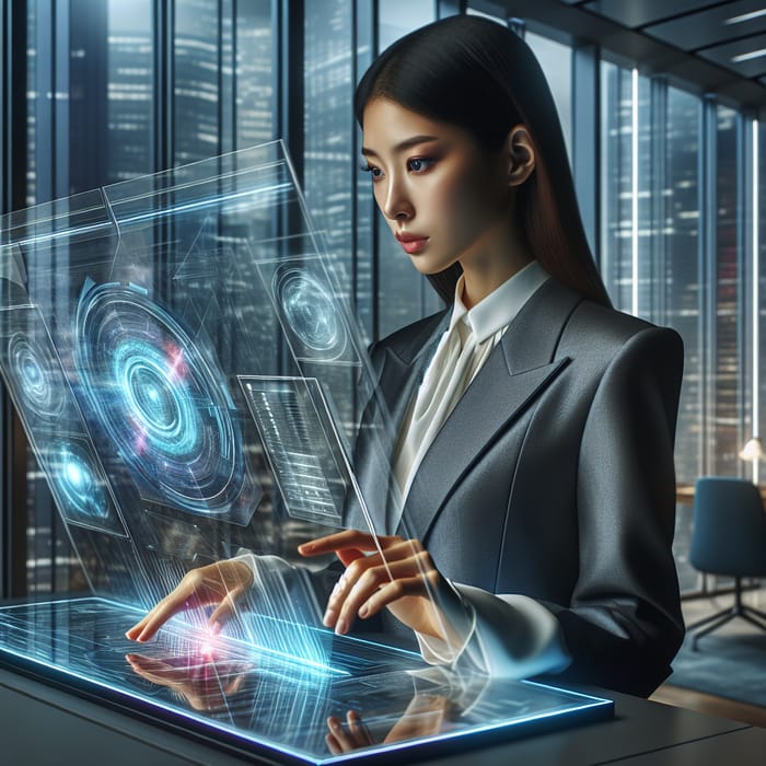 Elegant Woman Using Futuristic Computer in Minimalist Office