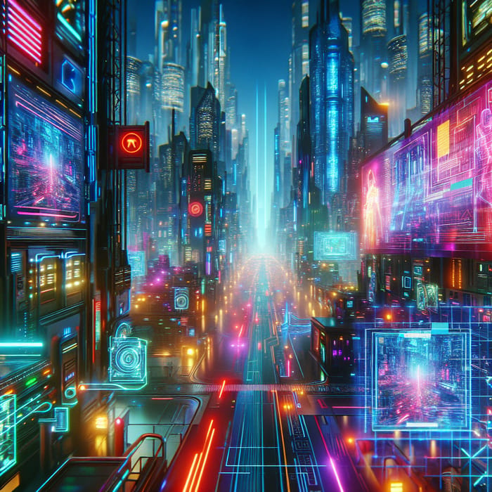 Cyberpunk Digital Cityscape: Neon Signs & Security Systems