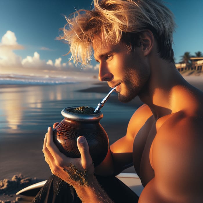 Blond Surfer Drinking Yerba Mate on Beach