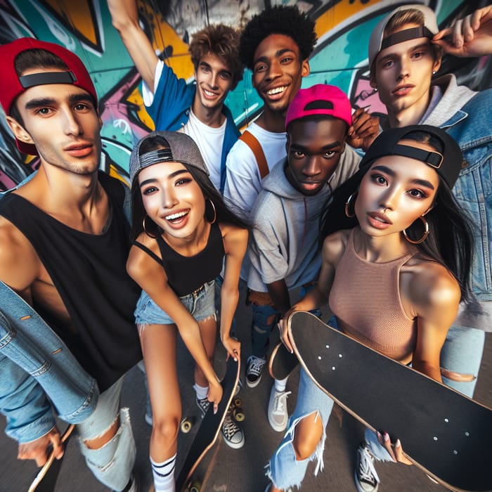 Vibrant Urban Streetwear Scene with Diverse Snapback Hats