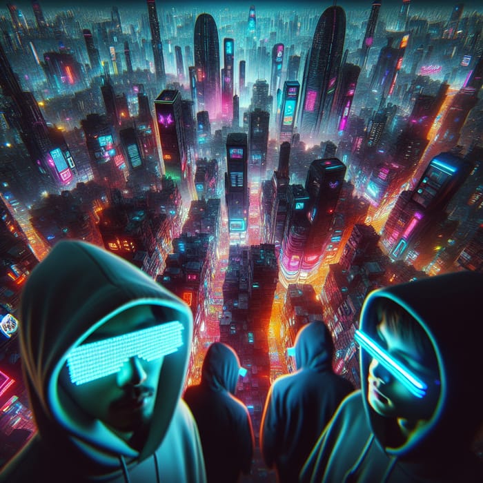Exploring the Neon Cyberpunk World: Aerial Shot of Modern Metropolis
