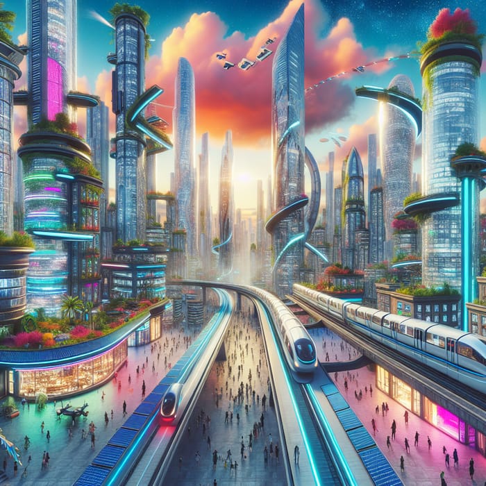 Futuristic Cityscape: High-Tech Harmony & Colorful Sky