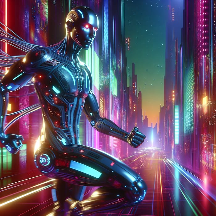 Cyberpunk-Inspired Humanoid in Vibrant Virtual Reality Cityscape