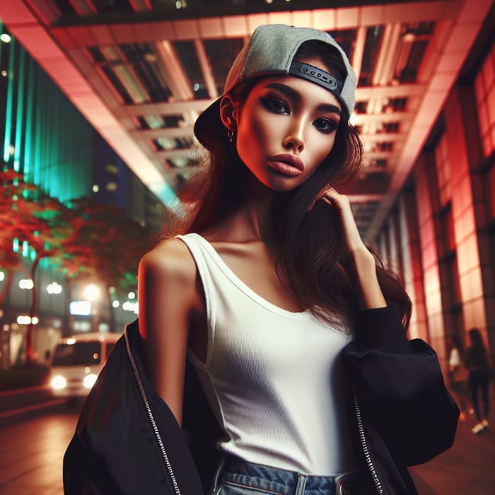Stylish Woman in Snapback Hat | High Fashion Photography in Vibrant Colors