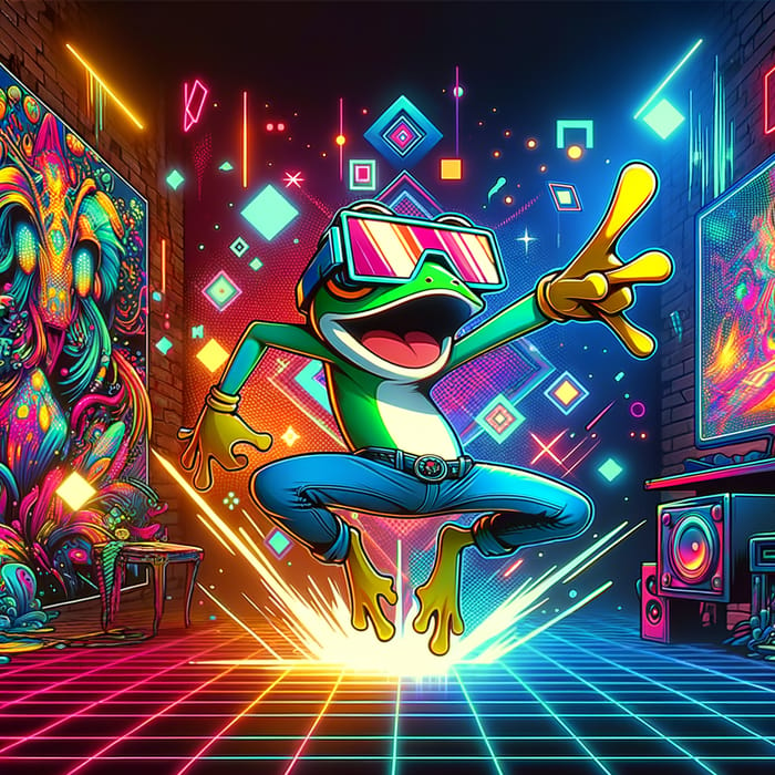 Dynamic Cyberpunk Frog in Neon Virtual Reality World