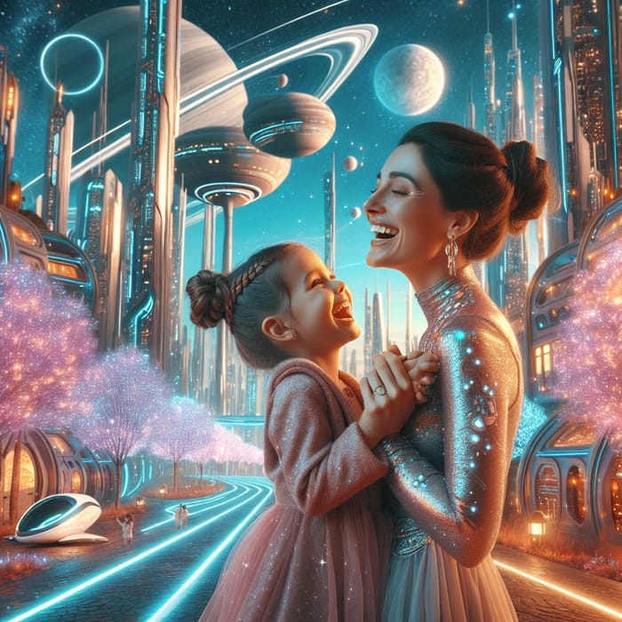 Mother and Daughter Bonding in Whimsical Futuristic Setting
