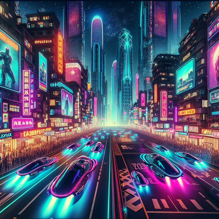 Vibrant Cyberpunk Cityscape - Hover Cars and Neon Energy