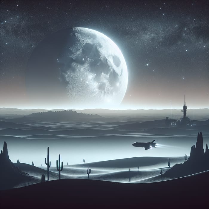 Moonlit Night Landscape with Spaceship Launching