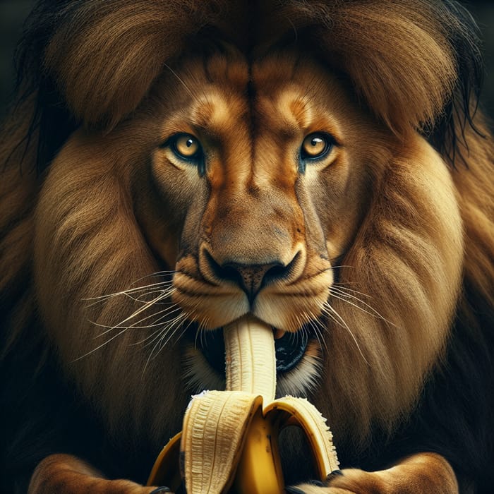 Majestic Lion Eating Banana | Intense Gaze Wildlife Shot