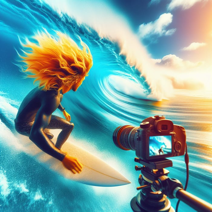Adrenaline Adventure: Surfer with Golden Locks Riding Ocean Wave