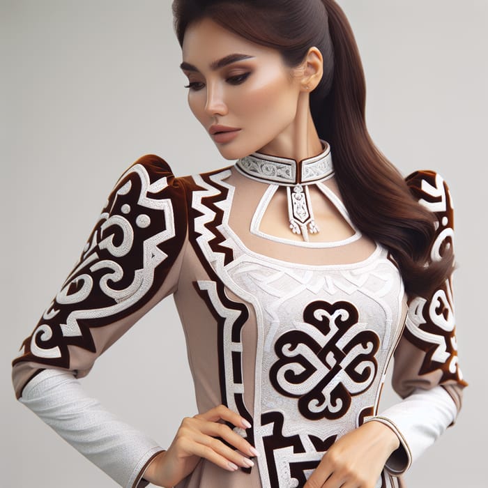 Kazakh Woman in Traditional Outfit with Elegant Neckline