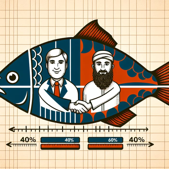 Detailed Fish Drawing with Two Diverse Cartoon Men Holding Hands