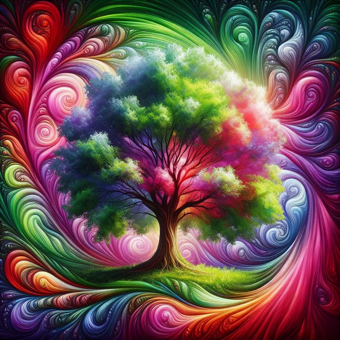 Majestic Tree with Lush Foliage and Vivid Swirling Colors of Kindness