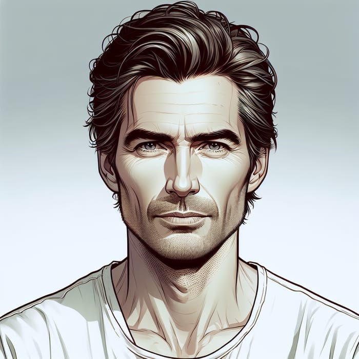 Realism Drawings of Charismatic 35-40 Year Old Man in White T-Shirt