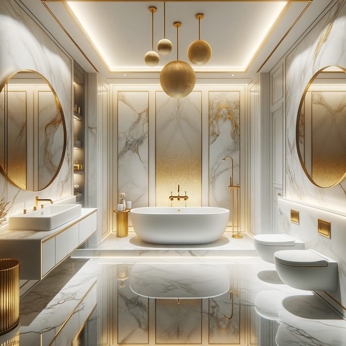 Luxurious Modern Bathroom with White Bathtub and Gold Accents