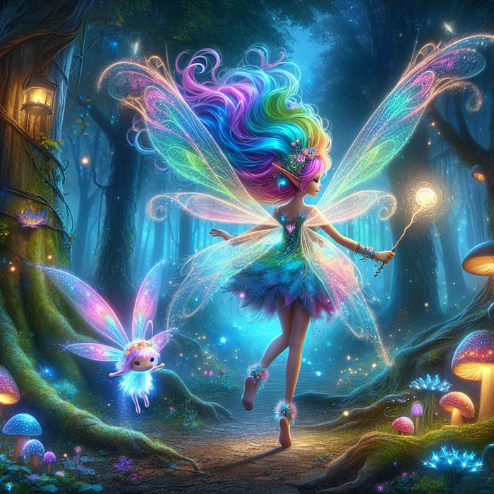 Enchanting Fairy Girl with Multicolored Hair and Iridescent Wings
