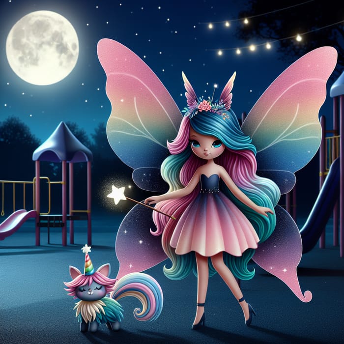 Enchanting Fairy Girl with Vibrant Hair and Big Wings on Nighttime Playground