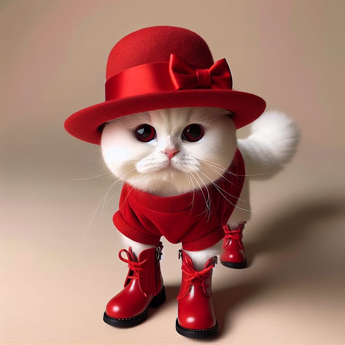 Charming White Cat in Bright Red Boots and Hat