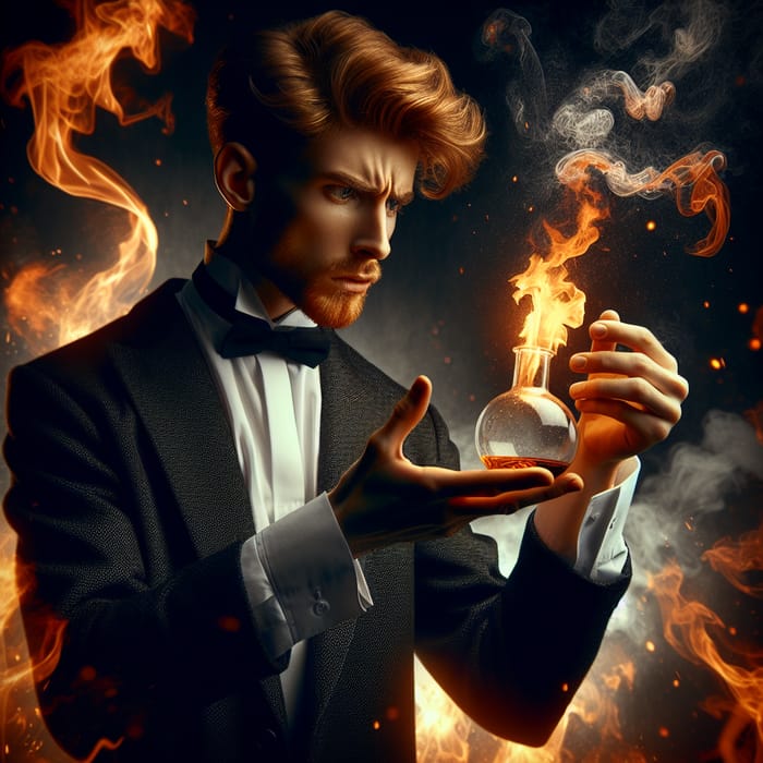 Red-haired Chemist in Black Suit with Flaming Flask Surrounded by Fire