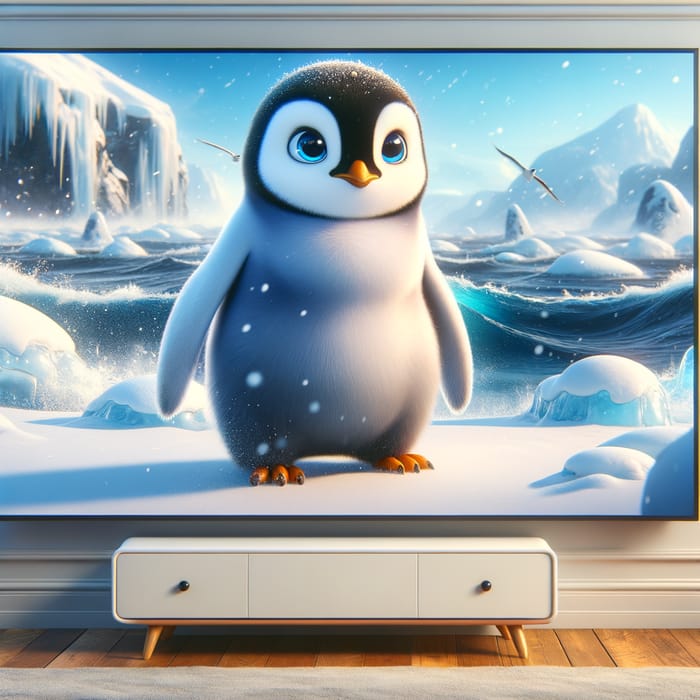 Charming Penguin Standing on Iceberg in Snowy Pixar Scene