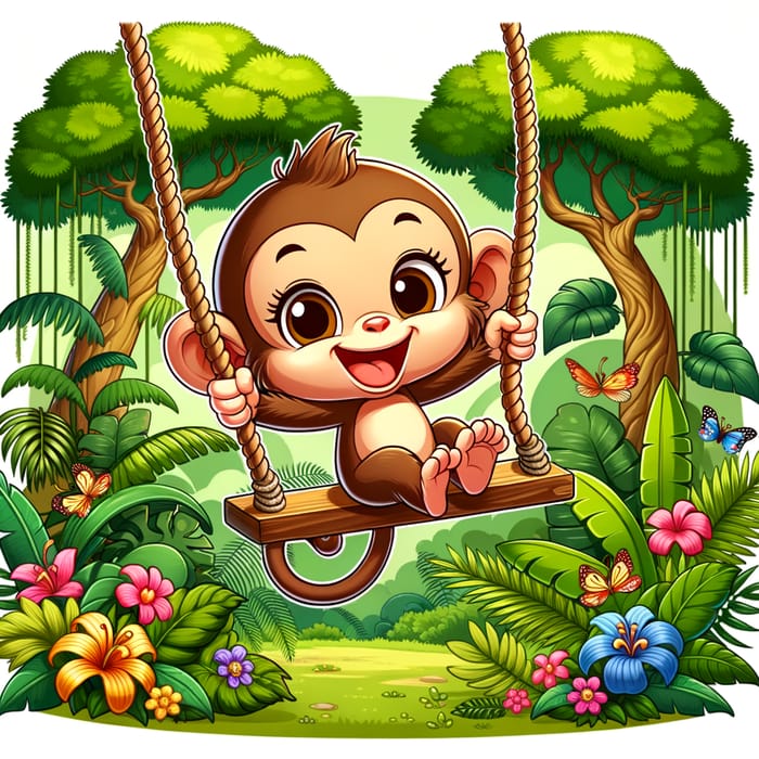 Playful Cartoon Monkey Swinging in Lush Jungle Wonderland