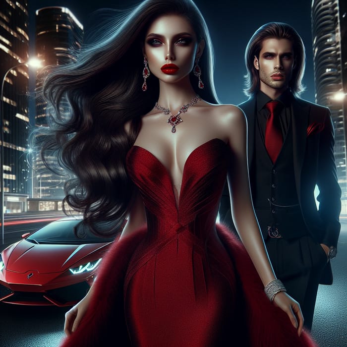 Captivating Night City Scene with Elegant Woman and Handsome Man