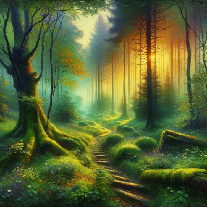 Enchanted Mystical Forest at Dawn: Vibrant Impressionistic Beauty