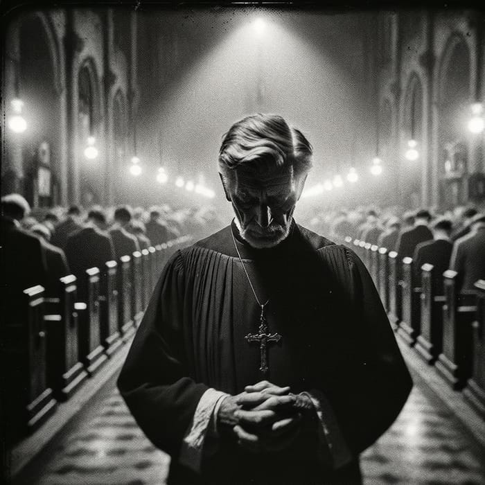 Solemn Priest in Dimly Lit Church | Vintage Spiritual Photography