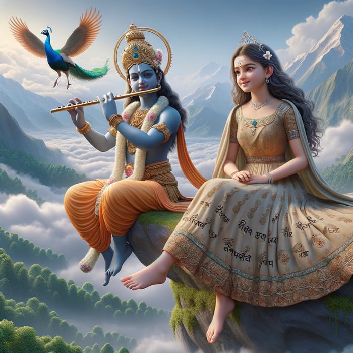 Realistic 3D Image of Anshika with Krishna | Heavenly Mountain Scene