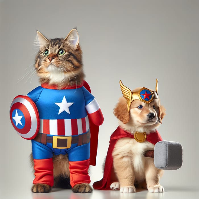 Cat in Captain America Costume Meets Puppy as Thor