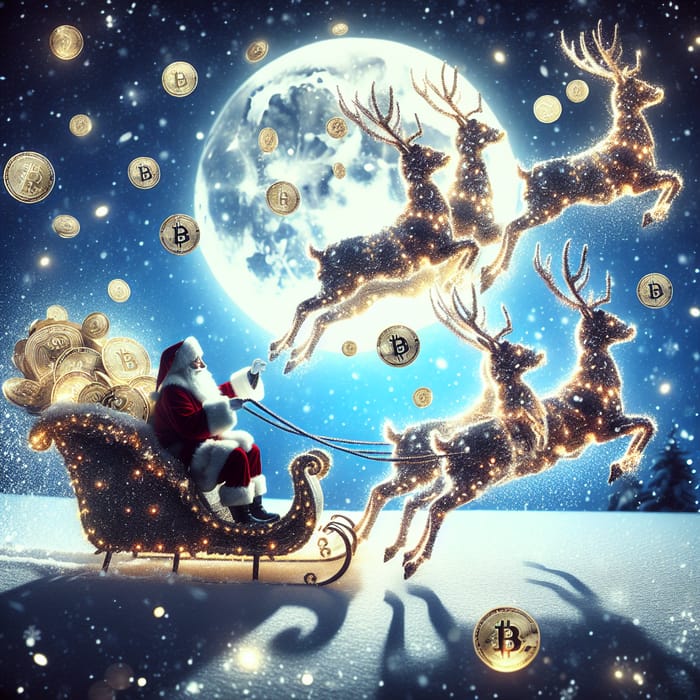 Enchanting Winter Wonderland with Santa, Reindeer, and Glowing Crypto Coins
