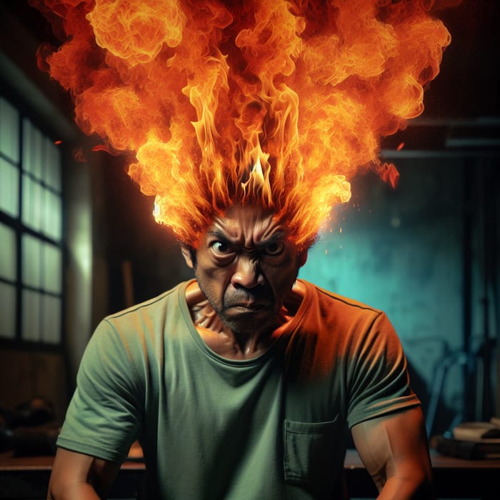 Angry Person with Fire on Head: Intense Scene