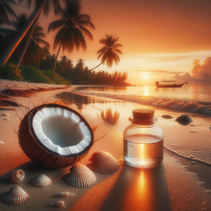 Charming Sunset Beach Scene with Shimmering Coconut Oil