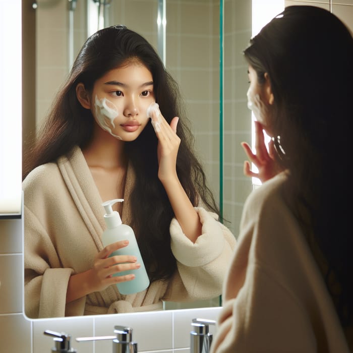 Young Girl's Skincare Routine: Applying Face Wash for Fresh Skin
