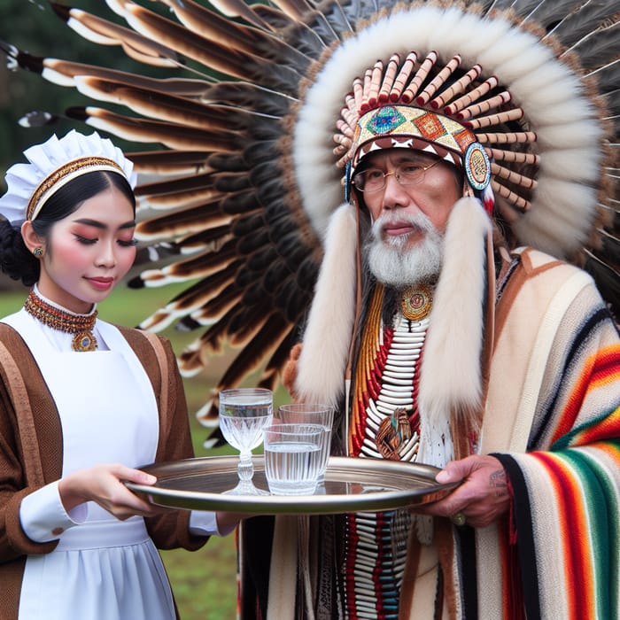 South Asian Maid Serving Water to North American Indigenous Tribal Chief