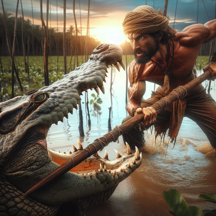 High-Stakes Battle: Middle Eastern Man Faces Colossal Crocodile
