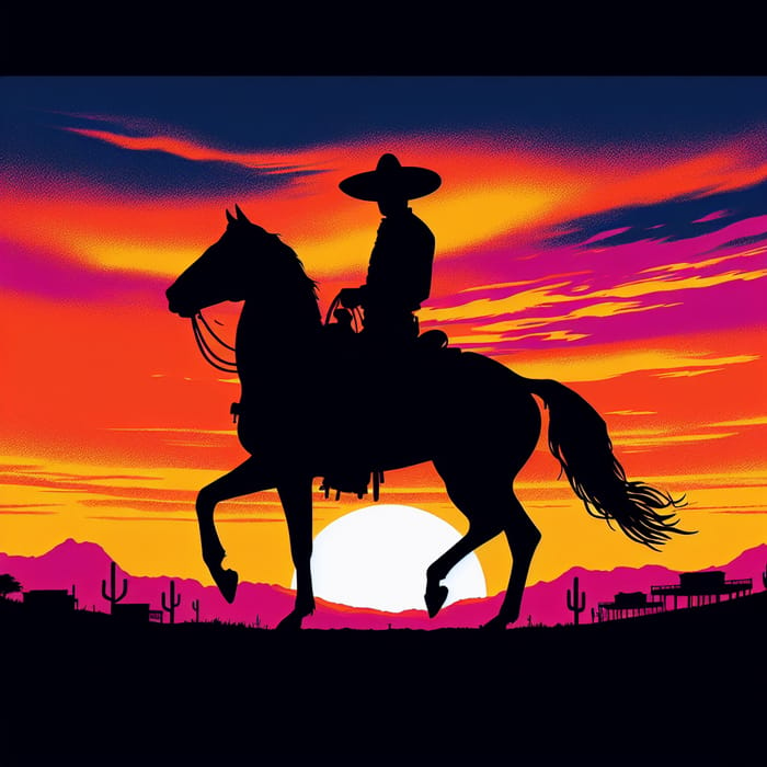 Cowboy Silhouetted Against Fiery Sunset on Majestic Horse