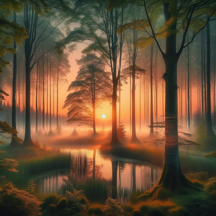 Serene Sunrise in Lush Forest: Tranquil Natural Beauty