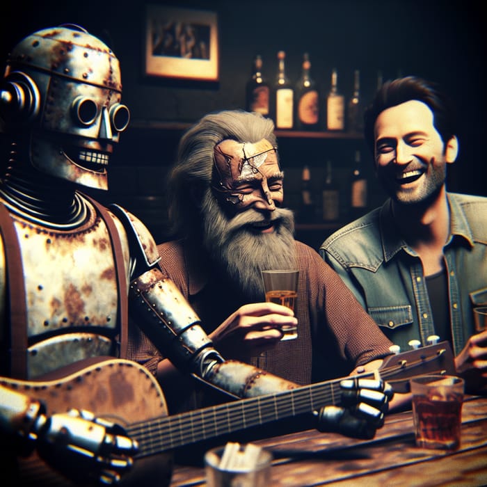 Robotic, Rocker & Gentleman Trio Enjoying Break at Rustic Bar