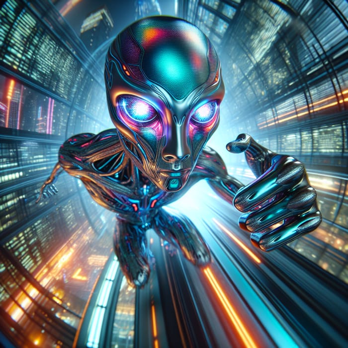 Otherworldly Alien with Glowing Eyes in Neon Cyberpunk Cityscape